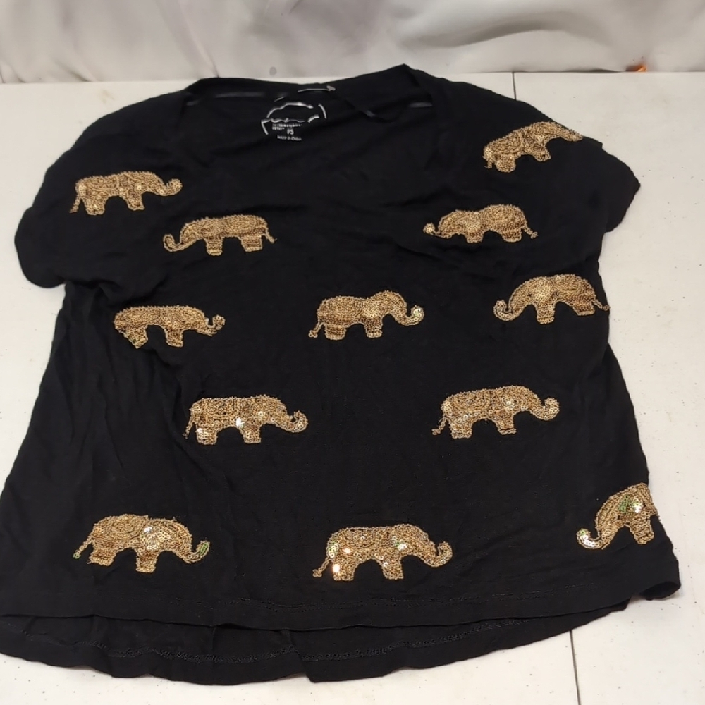 Women's INC Black and Gold Elephant T-Shirt Size Small Petite New Without Tags
